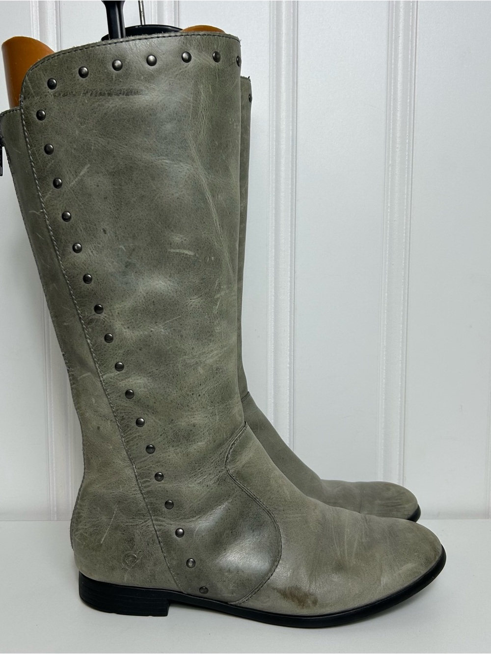 Born Larsen tall grey leather studded riding boots women’s 8.5